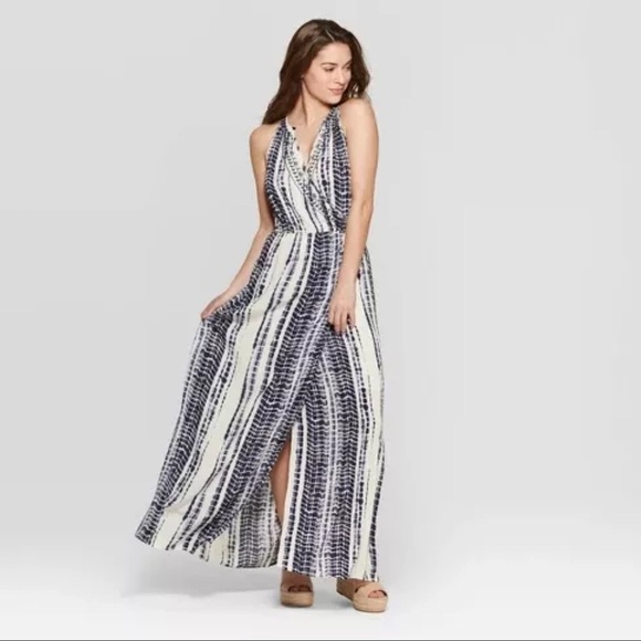Elegant Blue and White Striped Maxi Dress with floral embroidery. - Picture 1 of 4